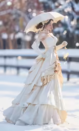 a woman in a gown holding a umbrella and snow