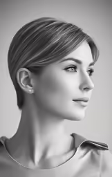 a woman with a short bobs is looking up