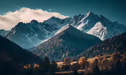 a view of a mountains range with fall trees