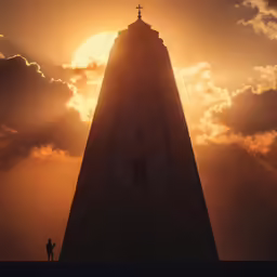 a tall clock tower that has a cross on it