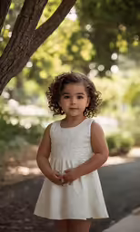 a young girl poses in front of the tree