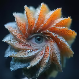 an eyeball is hovering over an orange and white flower