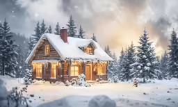 a painting of a cabin in the snow with pine trees