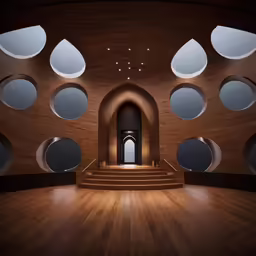 the interior of a wooden building with multiple round windows