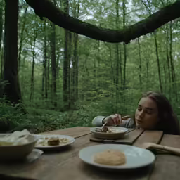 woman sitting at an outdoor table in the woods eating