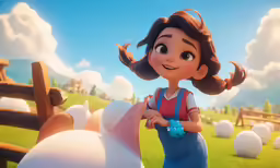 the little girl is standing in front of a herd of sheep