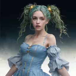 a picture of a girl with wavy green hair