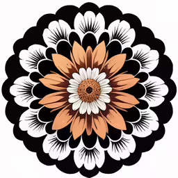 a black white and orange flower is shown in the center