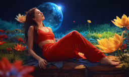 a beautiful woman sitting on top of a stone slab with flowers in the background,a woman in red sitting on the ground