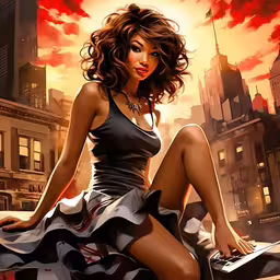 a cartoon picture of a woman in a dress with long hair,beautiful woman in dress sitting on top of suitcase