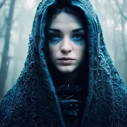 a woman with blue eyes and hooded jacket standing in the woods