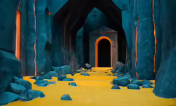 an open air corridor with blue rocks, orange lights and glowing grass