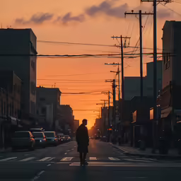 a man walks in the street at sunset