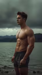 a man with muscular shoulders and no shirt stands in front of a body of water