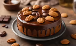 chocolate cake with walnuts and chopped nuts on a platter