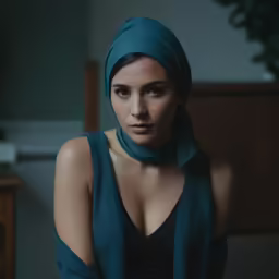 a young woman wearing a dark blue scarf around her neck