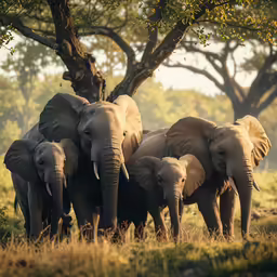 a group of elephants in an area with grass and trees
