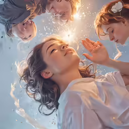 three women look up as they stand under a water surface with bubbles