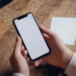 someone holding an iphone with a white screen