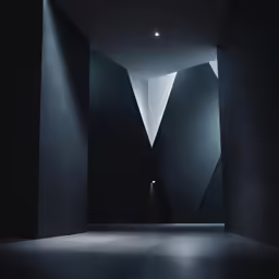 an open room with dark walls, some white light, and two lights