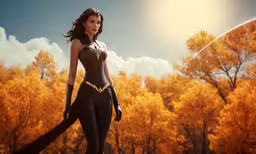 the woman is standing in front of trees