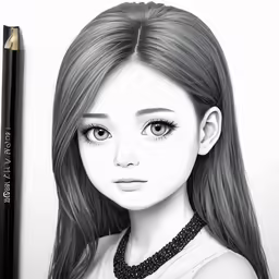 the drawing is of a young woman in a black and white photo with an extra - long, neat ponytail, wearing a beaded necklace and pearls, with her hair down in the foreground