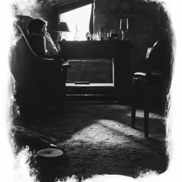 a man sitting at a table with a glass of beer