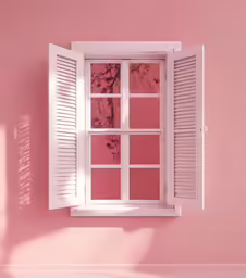 white shuttered window and pink wall against pink paint