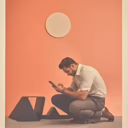 a man kneeling on the ground next to an object