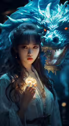 a woman holding a candle with a blue monster head,woman with dragon and moon on her face