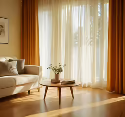 a white couch with white pillows and brown curtains