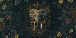 an elephant and some flowers on a black background