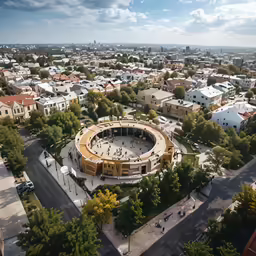 an aerial view of the city with several buildings