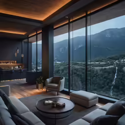 an ultra modern living room with a view over a valley