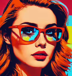 a young woman wearing bright orange and blue glasses,a woman wearing red glasses and colorful hair
