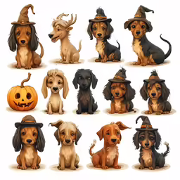 a collection of dog cartoon icons with hats and bats