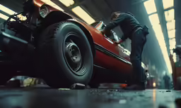 a man working on the hood of a car in a shop