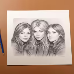 three beautiful women pose for the camera, as seen in a pencil drawing