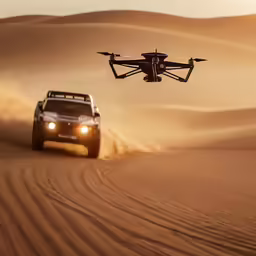 a vehicle drives in the sand near a remote control vehicle