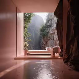 a view from inside of a room through a window