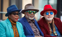 a man and woman wearing bright colored hats
