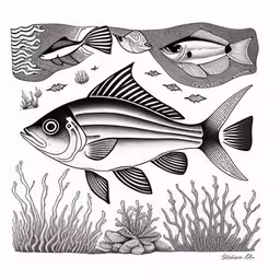 an ink drawing of fish and seaweed,fish in the water drawing by person,two fish swim near each other through the water,a drawing of fish on a white paper,black and white illustration of some fish under water