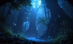 a night scene with trees in the forest