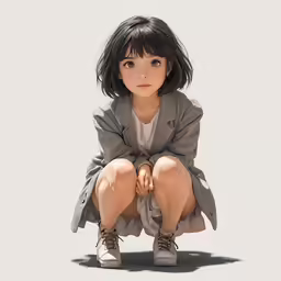 a small girl in gray sits down and poses
