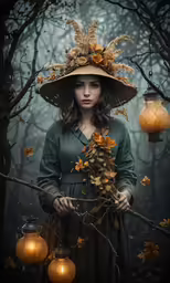 an individual dressed as a witch with lantern and trees in the background