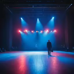 a man stands on the stage as the light goes out