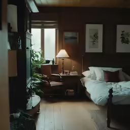 a bedroom with wooden paneling and a lamp on the side of the bed