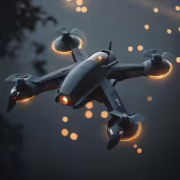 a close up of a flying above with lights on it