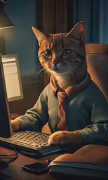 a cat wearing a tie is sitting at a computer