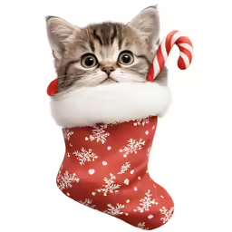a kitten peeking out from its christmas stocking